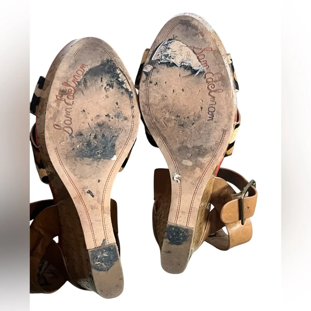 Sam Edelman Leopard Print Cork Wedge Sandals Size 8.5, 4” Heel